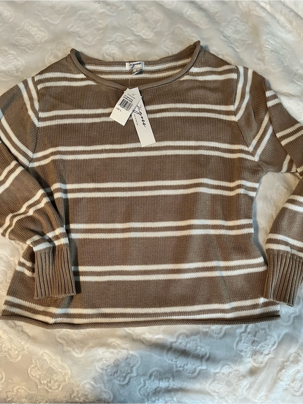 Vigoss Striped Crewneck Sweater in Brown and White
